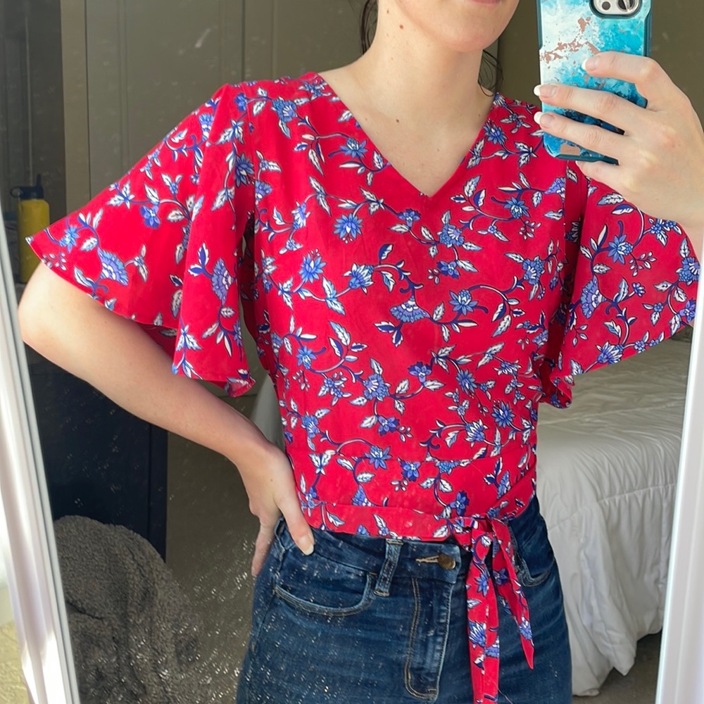 Japna Red Floral Open Back Wrap Blouse Flowy Sleeve